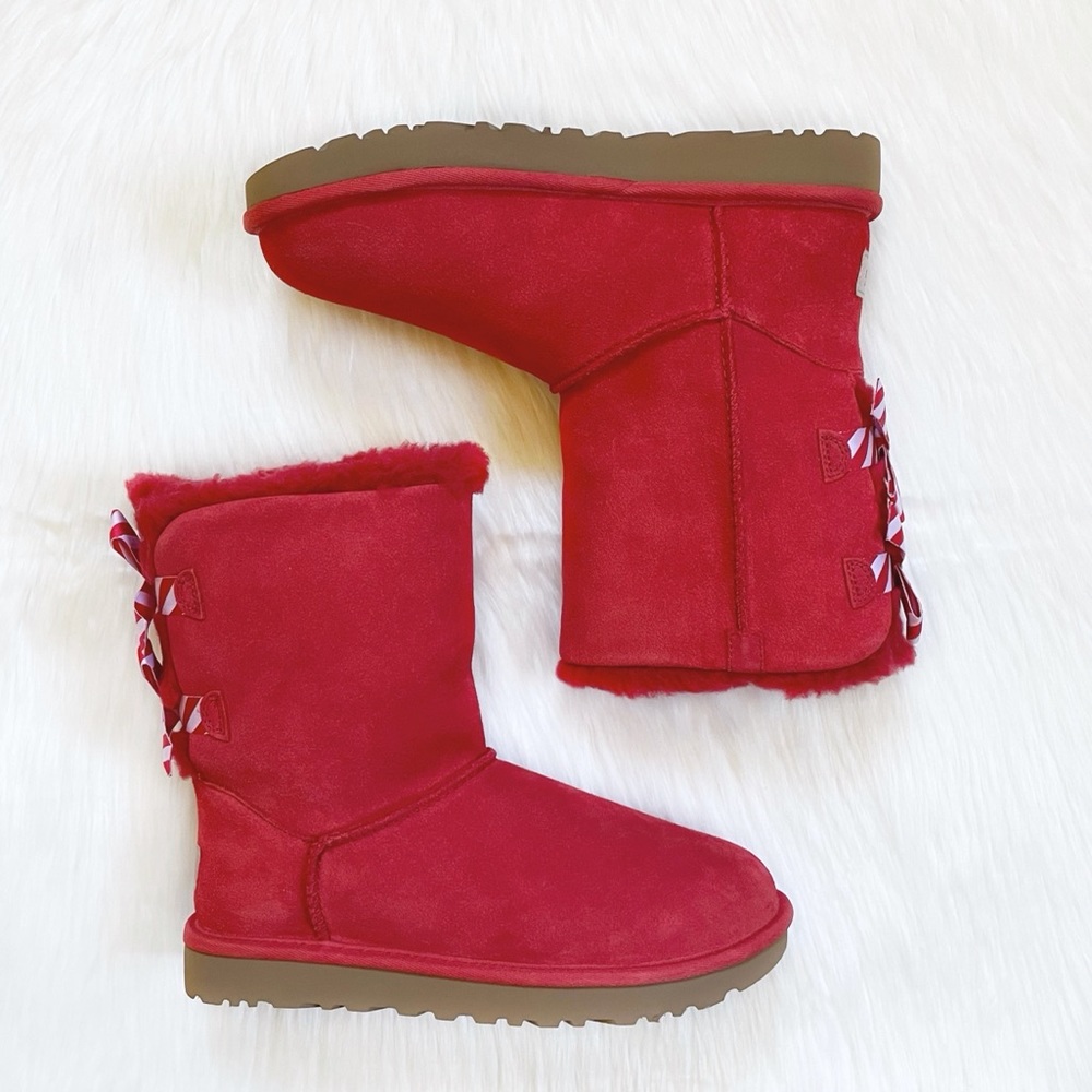 UGG Bailey Bow Diagonal Stripes Poppy Red Boots - Picture 6 of 8